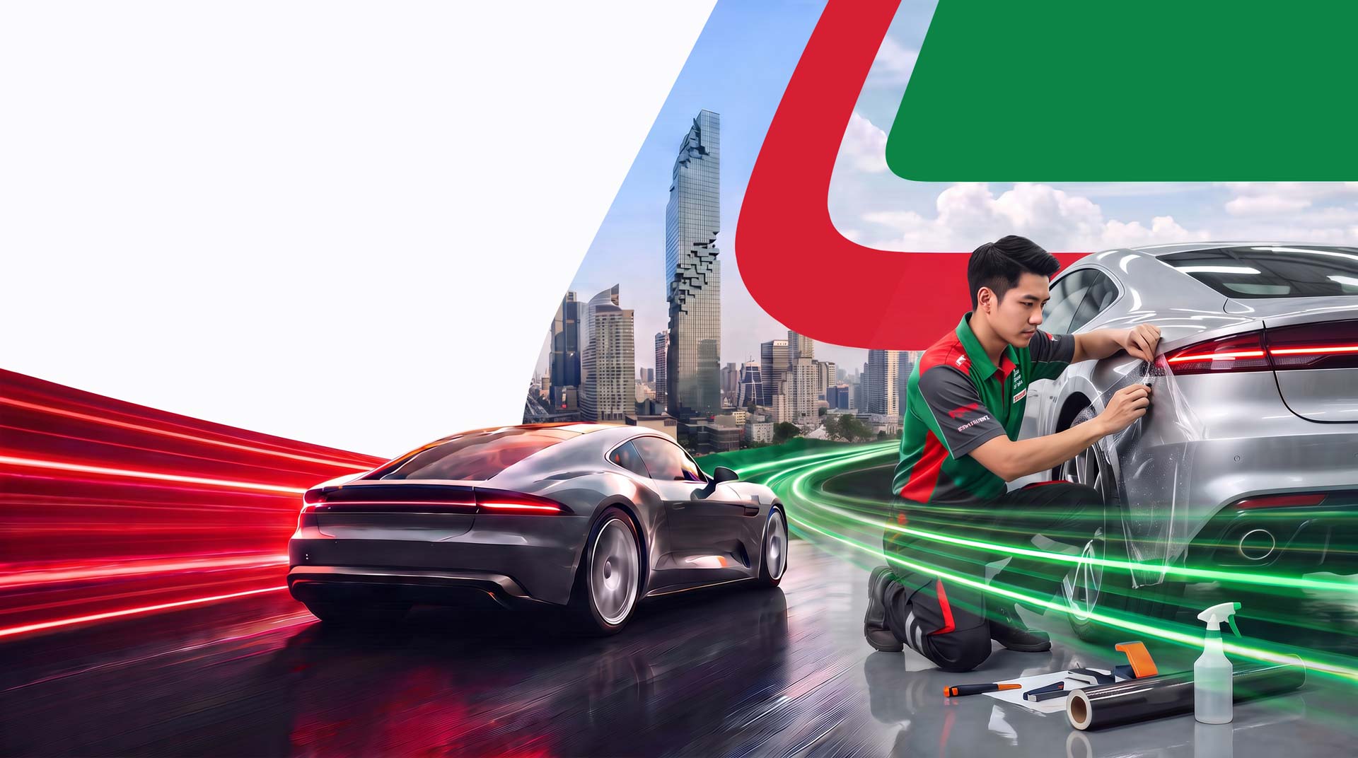 รถสปอร์ตสีเงินวิ่งบนถนนโค้ง ท่ามกลางแสงสีเขียวและแดงของ Castrol